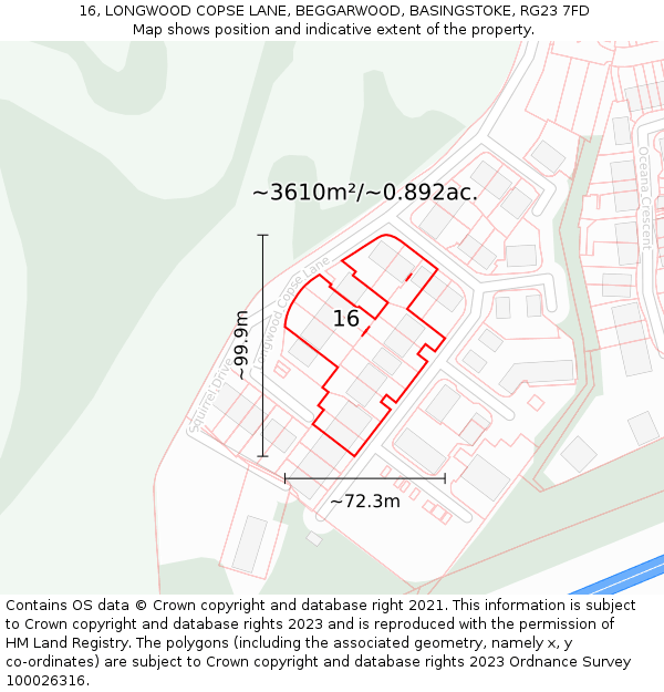 16, LONGWOOD COPSE LANE, BEGGARWOOD, BASINGSTOKE, RG23 7FD: Plot and title map