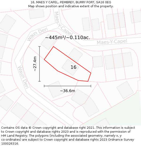 16, MAES Y CAPEL, PEMBREY, BURRY PORT, SA16 0EG: Plot and title map