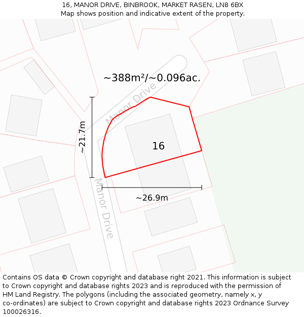 16, MANOR DRIVE, BINBROOK, MARKET RASEN, LN8 6BX: Plot and title map