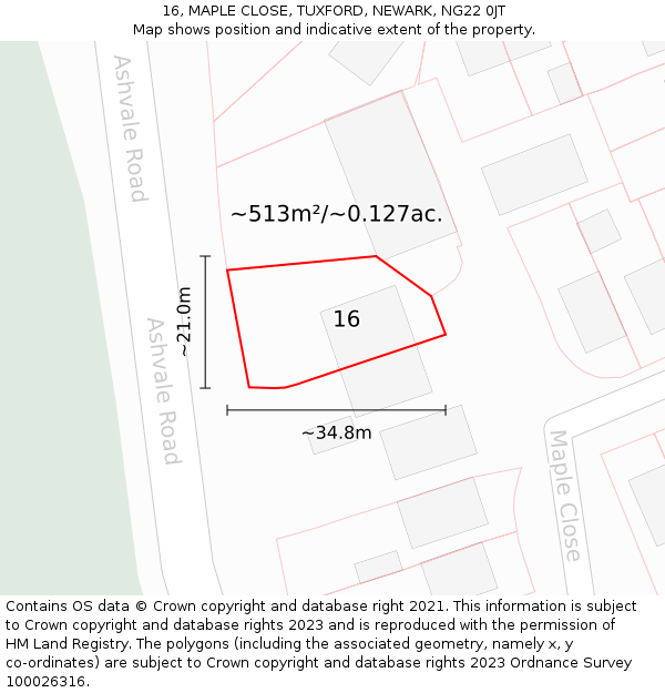 16, MAPLE CLOSE, TUXFORD, NEWARK, NG22 0JT: Plot and title map