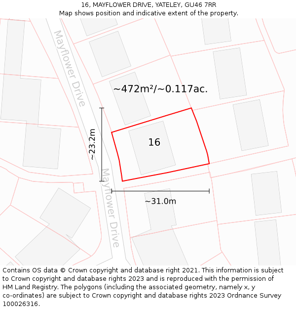 16, MAYFLOWER DRIVE, YATELEY, GU46 7RR: Plot and title map