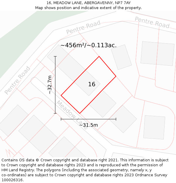 16, MEADOW LANE, ABERGAVENNY, NP7 7AY: Plot and title map