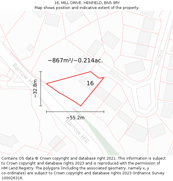 16, MILL DRIVE, HENFIELD, BN5 9RY: Plot and title map