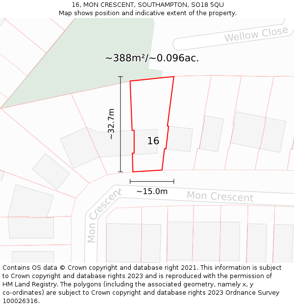 16, MON CRESCENT, SOUTHAMPTON, SO18 5QU: Plot and title map