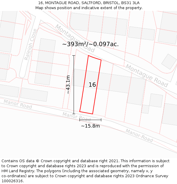 16, MONTAGUE ROAD, SALTFORD, BRISTOL, BS31 3LA: Plot and title map