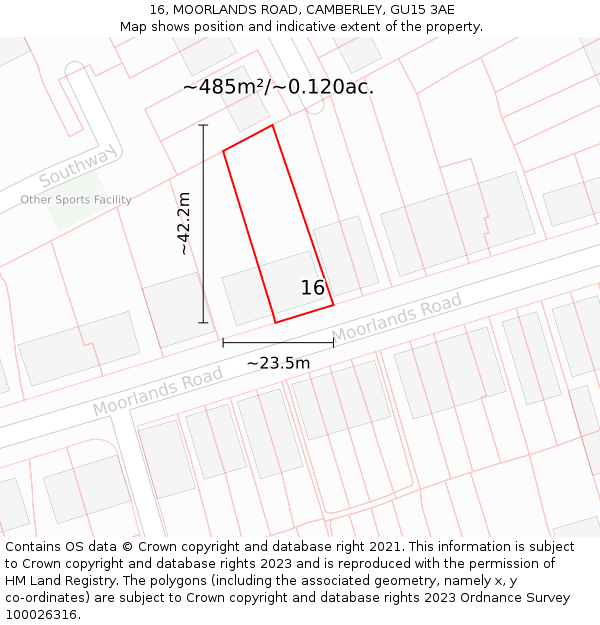 16, MOORLANDS ROAD, CAMBERLEY, GU15 3AE: Plot and title map