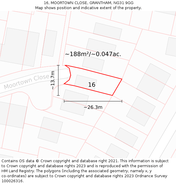 16, MOORTOWN CLOSE, GRANTHAM, NG31 9GG: Plot and title map