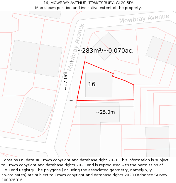 16, MOWBRAY AVENUE, TEWKESBURY, GL20 5FA: Plot and title map