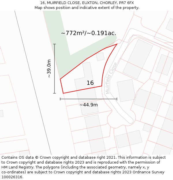 16, MUIRFIELD CLOSE, EUXTON, CHORLEY, PR7 6FX: Plot and title map