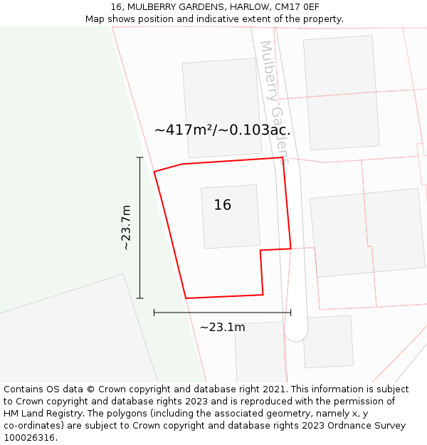 16, MULBERRY GARDENS, HARLOW, CM17 0EF: Plot and title map