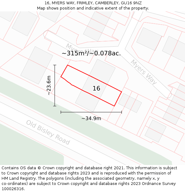 16, MYERS WAY, FRIMLEY, CAMBERLEY, GU16 9NZ: Plot and title map