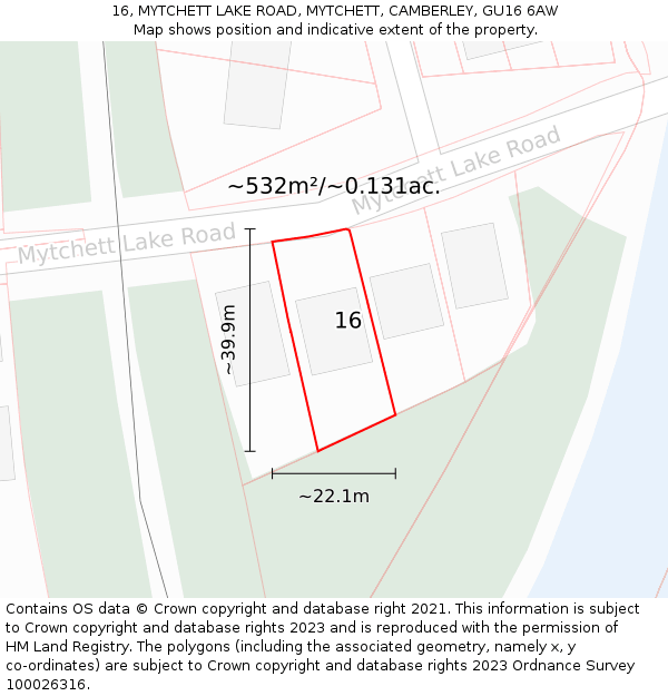 16, MYTCHETT LAKE ROAD, MYTCHETT, CAMBERLEY, GU16 6AW: Plot and title map