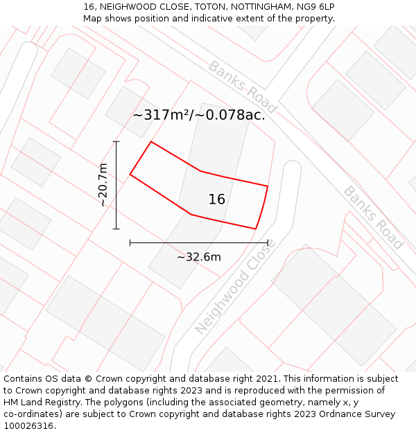 16, NEIGHWOOD CLOSE, TOTON, NOTTINGHAM, NG9 6LP: Plot and title map