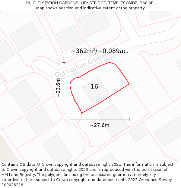 16, OLD STATION GARDENS, HENSTRIDGE, TEMPLECOMBE, BA8 0PU: Plot and title map