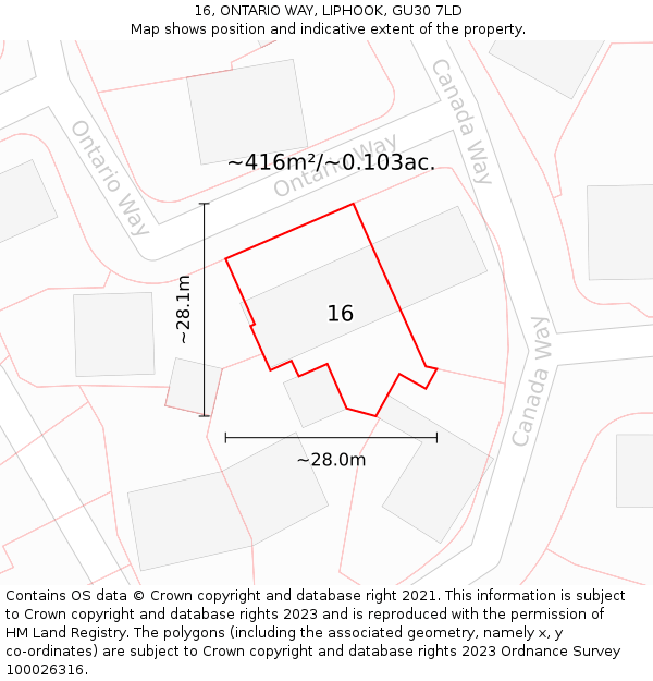 16, ONTARIO WAY, LIPHOOK, GU30 7LD: Plot and title map