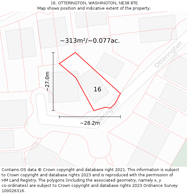 16, OTTERINGTON, WASHINGTON, NE38 8TE: Plot and title map
