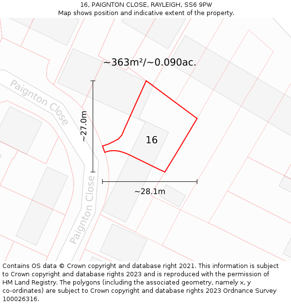 16, PAIGNTON CLOSE, RAYLEIGH, SS6 9PW: Plot and title map