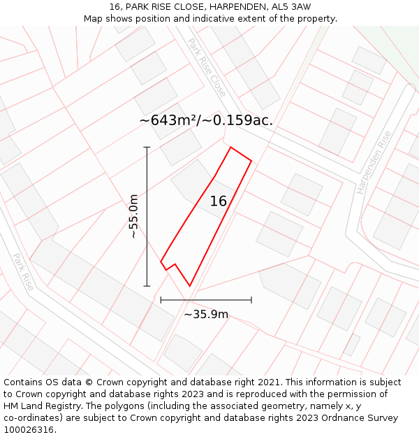 16, PARK RISE CLOSE, HARPENDEN, AL5 3AW: Plot and title map