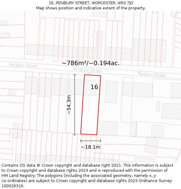 16, PENBURY STREET, WORCESTER, WR3 7JD: Plot and title map