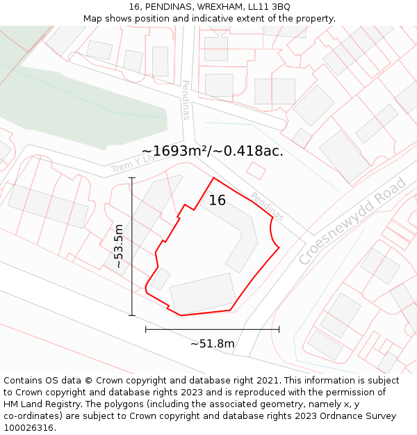 16, PENDINAS, WREXHAM, LL11 3BQ: Plot and title map