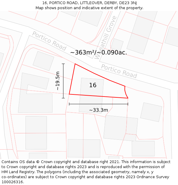 16, PORTICO ROAD, LITTLEOVER, DERBY, DE23 3NJ: Plot and title map