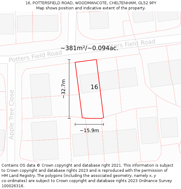 16, POTTERSFIELD ROAD, WOODMANCOTE, CHELTENHAM, GL52 9PY: Plot and title map