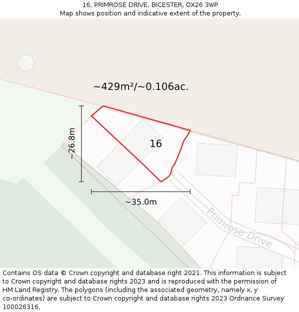 16, PRIMROSE DRIVE, BICESTER, OX26 3WP: Plot and title map