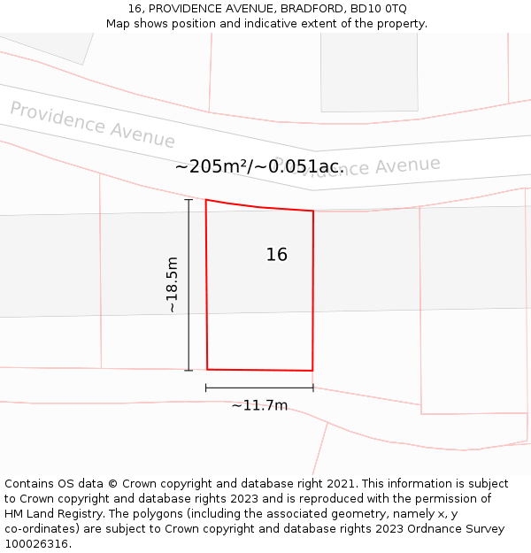 16, PROVIDENCE AVENUE, BRADFORD, BD10 0TQ: Plot and title map