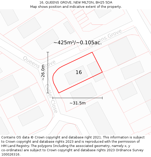 16, QUEENS GROVE, NEW MILTON, BH25 5DA: Plot and title map