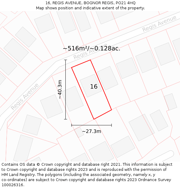 16, REGIS AVENUE, BOGNOR REGIS, PO21 4HQ: Plot and title map