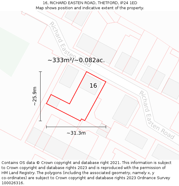 16, RICHARD EASTEN ROAD, THETFORD, IP24 1ED: Plot and title map