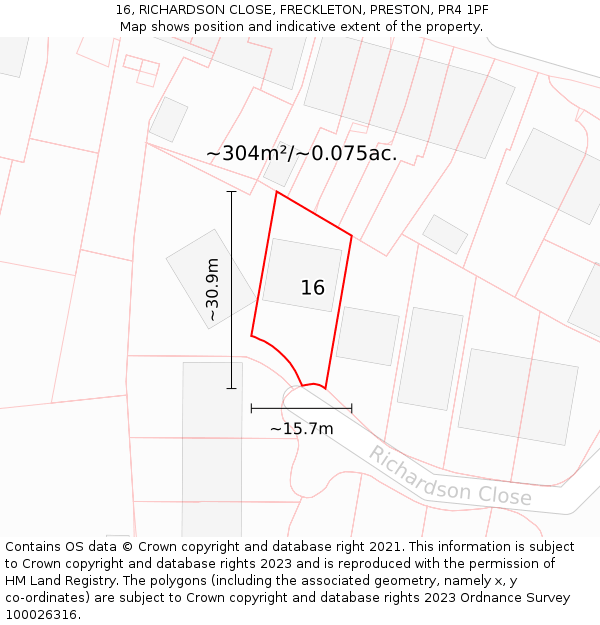 16, RICHARDSON CLOSE, FRECKLETON, PRESTON, PR4 1PF: Plot and title map