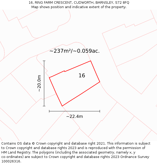 16, RING FARM CRESCENT, CUDWORTH, BARNSLEY, S72 8FQ: Plot and title map