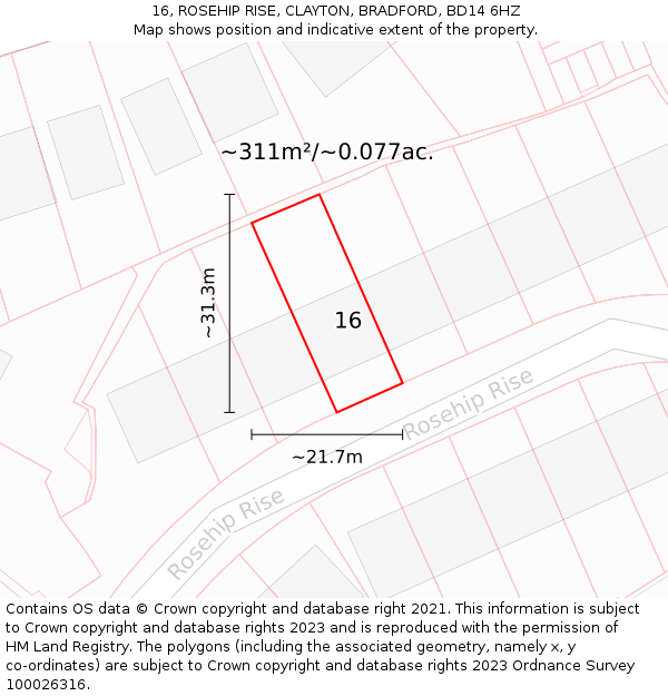 16, ROSEHIP RISE, CLAYTON, BRADFORD, BD14 6HZ: Plot and title map