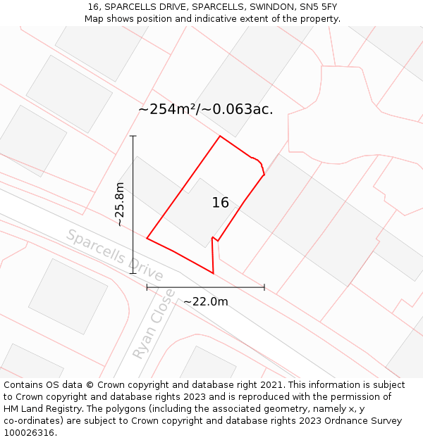 16, SPARCELLS DRIVE, SPARCELLS, SWINDON, SN5 5FY: Plot and title map