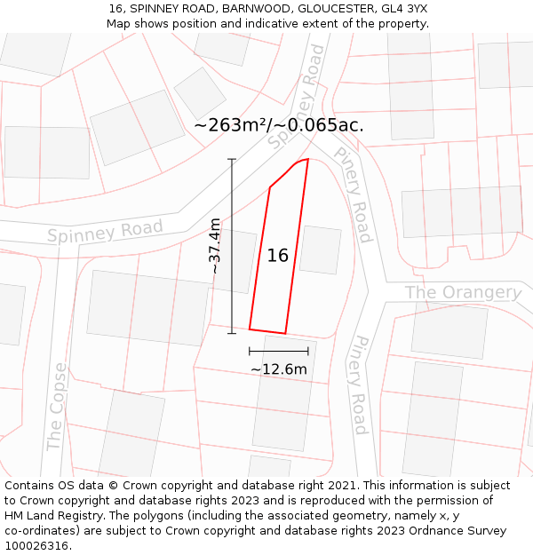 16, SPINNEY ROAD, BARNWOOD, GLOUCESTER, GL4 3YX: Plot and title map