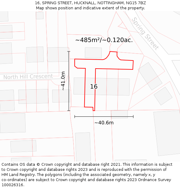 16, SPRING STREET, HUCKNALL, NOTTINGHAM, NG15 7BZ: Plot and title map