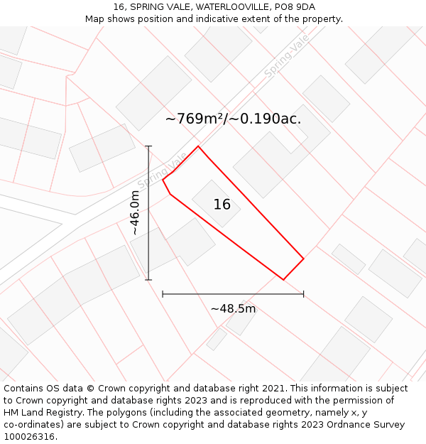 16, SPRING VALE, WATERLOOVILLE, PO8 9DA: Plot and title map