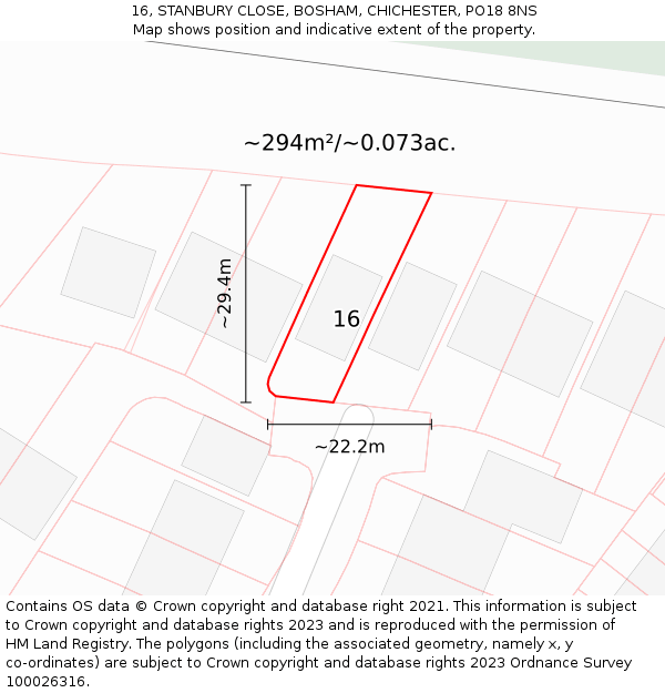 16, STANBURY CLOSE, BOSHAM, CHICHESTER, PO18 8NS: Plot and title map