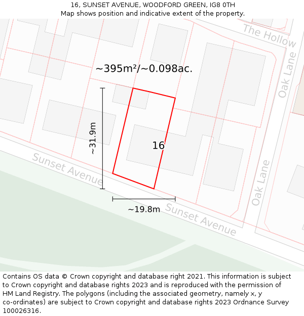 16, SUNSET AVENUE, WOODFORD GREEN, IG8 0TH: Plot and title map