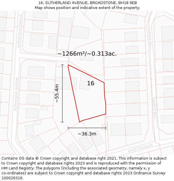 16, SUTHERLAND AVENUE, BROADSTONE, BH18 9EB: Plot and title map