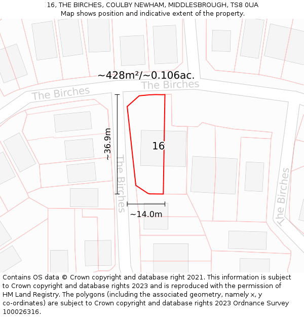 16, THE BIRCHES, COULBY NEWHAM, MIDDLESBROUGH, TS8 0UA: Plot and title map