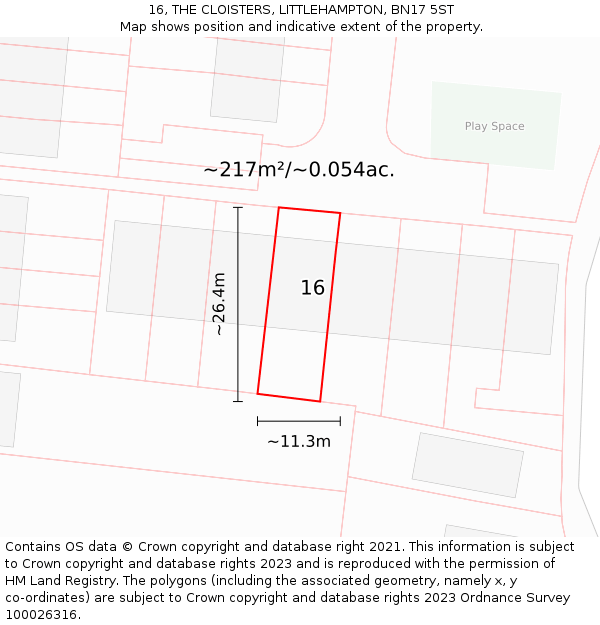 16, THE CLOISTERS, LITTLEHAMPTON, BN17 5ST: Plot and title map