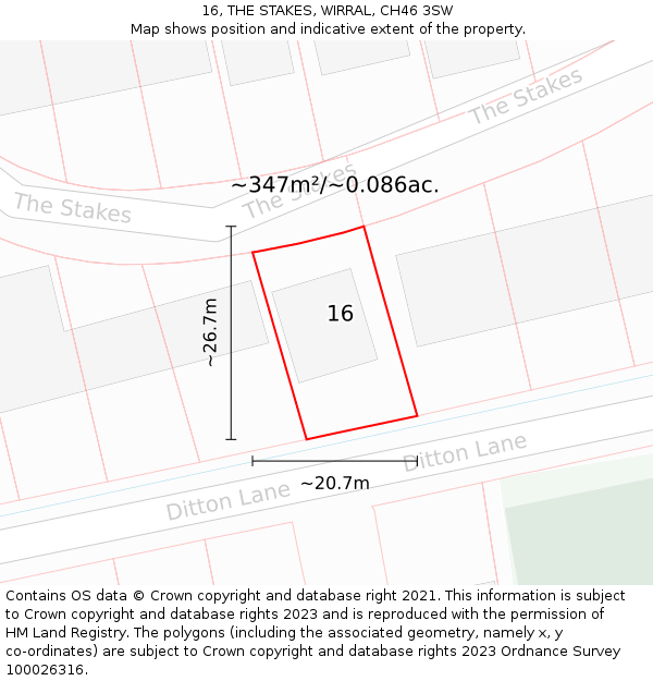 16, THE STAKES, WIRRAL, CH46 3SW: Plot and title map