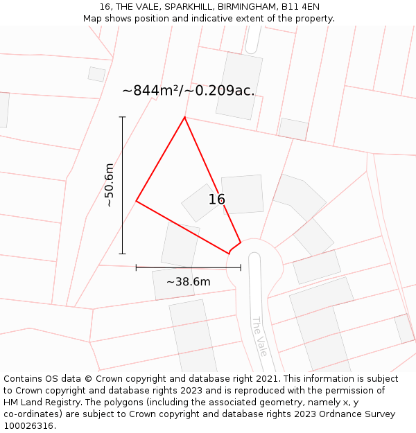 16, THE VALE, SPARKHILL, BIRMINGHAM, B11 4EN: Plot and title map