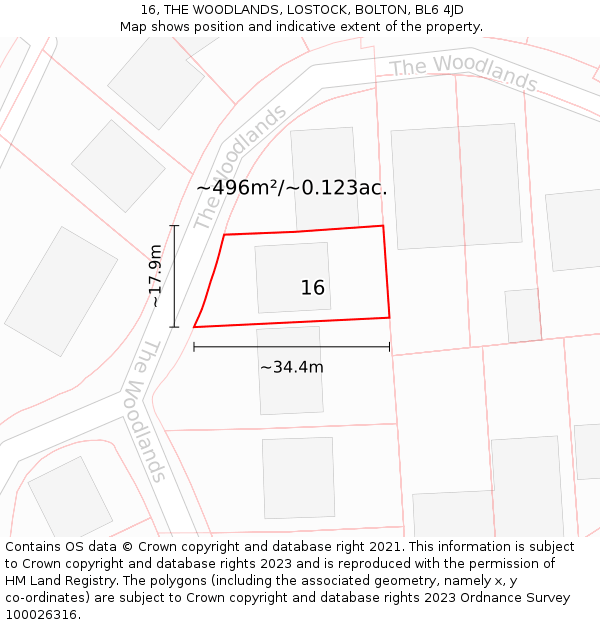 16, THE WOODLANDS, LOSTOCK, BOLTON, BL6 4JD: Plot and title map