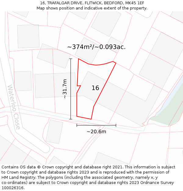 16, TRAFALGAR DRIVE, FLITWICK, BEDFORD, MK45 1EF: Plot and title map