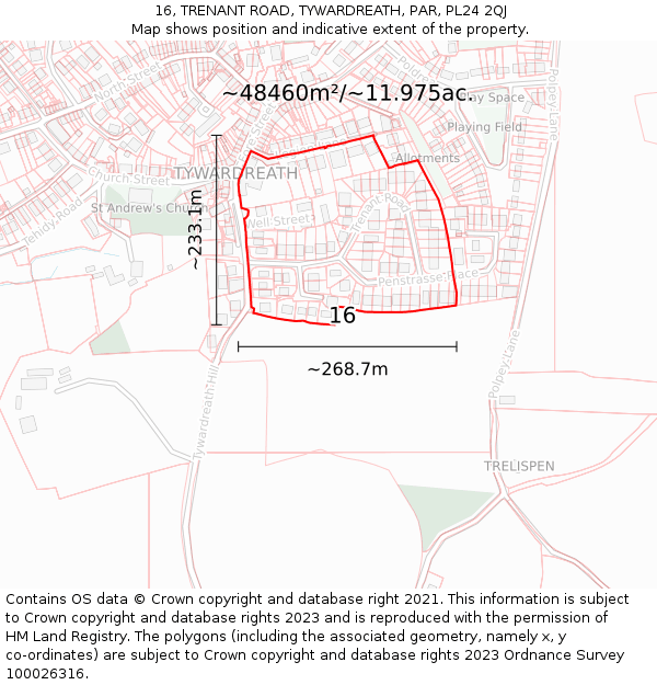 16, TRENANT ROAD, TYWARDREATH, PAR, PL24 2QJ: Plot and title map