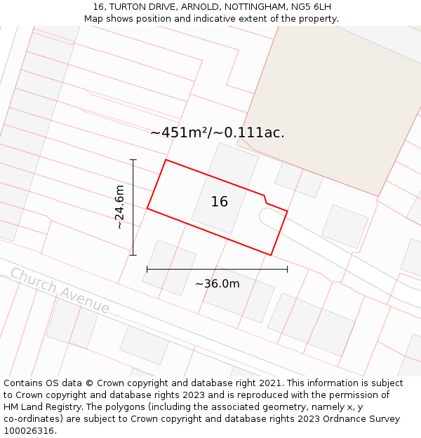 16, TURTON DRIVE, ARNOLD, NOTTINGHAM, NG5 6LH: Plot and title map