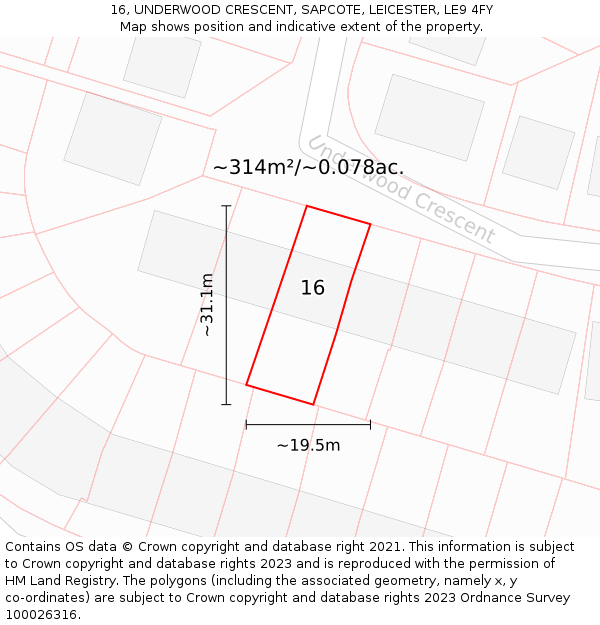 16, UNDERWOOD CRESCENT, SAPCOTE, LEICESTER, LE9 4FY: Plot and title map